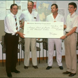Minister Darryl Manzie with Harry Giese Westpac manager and John Mathews with donation from Westpac in 1986
